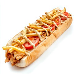 Chicken sandwich with French fries and tomato on white background.