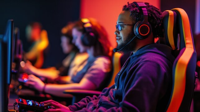 A diverse group of disabled athletes competing in adaptive esports, showcasing their skills in an inclusive and accessible gaming environment.