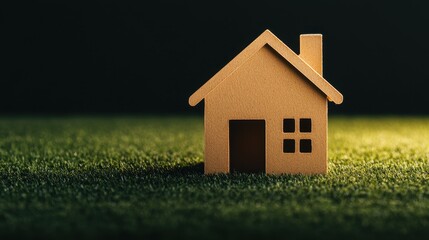 Simple Cardboard House Model on Green Grass, Representing Homeownership or Real Estate