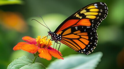 Fototapeta premium A detailed shot of a butterfly perched on a flower, its vibrant wings symbolizing the beauty and transformation found in nature