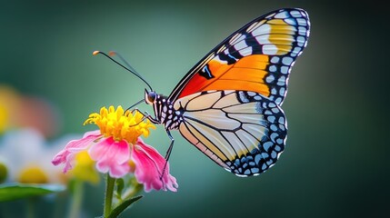 Obraz premium A vibrant butterfly captured in detail as it perches on a flower, its wings symbolizing nature's beauty and transformation