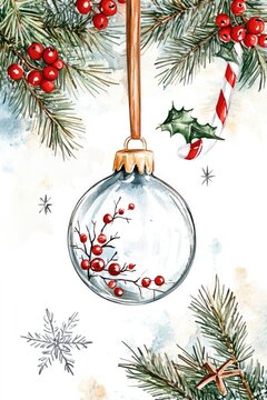 Watercolor Christmas decorations minimalist vintage style holiday background
