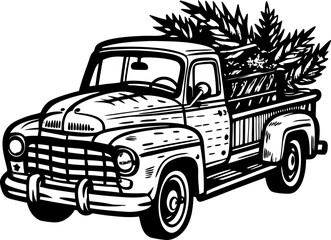 Fototapeta premium Vintage Pickup Truck with Foliage in Bed Retro Farm Vehicle Illustration
