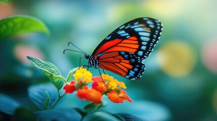 Fototapeta premium A vibrant butterfly perched on a bright flower, captured in detailed clarity, representing transformation and natural beauty