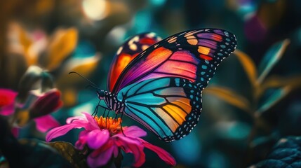 Fototapeta premium Close-up of a colorful butterfly on a flower, its delicate wings and vibrant colors symbolizing natural beauty and transformation