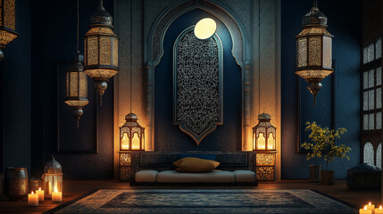 A room with a lamp and a lamp with Ramadan Background