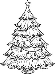 Obraz premium HandDrawn Christmas Tree with Ornaments and Star in Black and White Vector Illustration