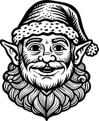 Obraz premium Black and White Vintage Elf with Santa Hat Festive Holiday Illustration