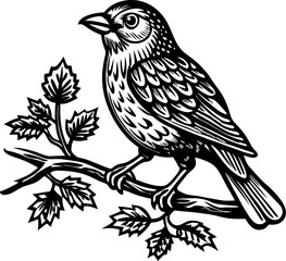 Obraz premium Vintage Bird Illustration Sparrow Perched on a Branch with Leaves