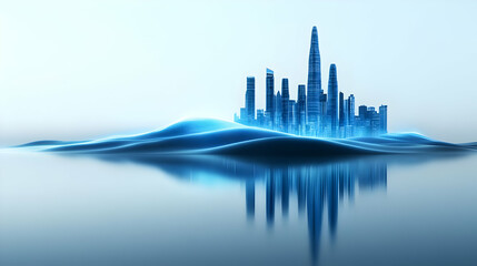 Fototapeta premium Futuristic skyline with towering buildings reflected on calm water, bathed in soft blue hues.