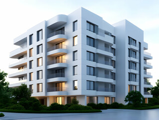 Modern residential building with sleek design, large windows, and greenery, perfect for architectural visualizations.