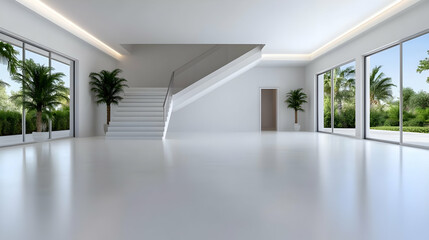 Obraz premium Modern, spacious interior with white walls, large windows, greenery, and a staircase, offering a serene atmosphere.