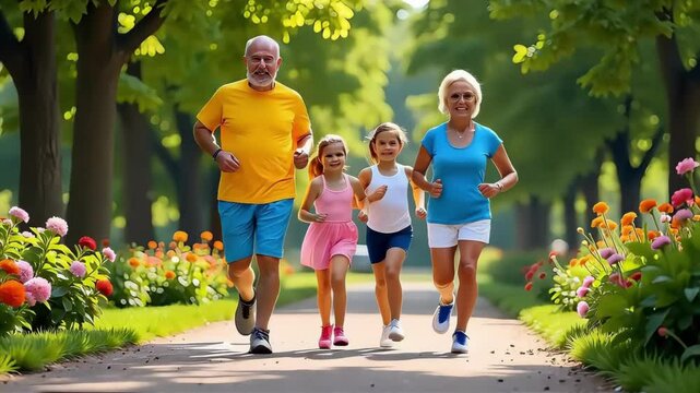 Happy family of four jogging together in a vibrant park, enjoying a sunny day outdoors.