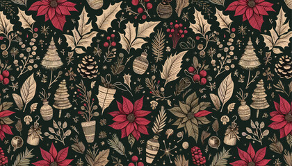 Festive floral and Christmas ornament pattern with holiday themed decorations © ArtCommercial