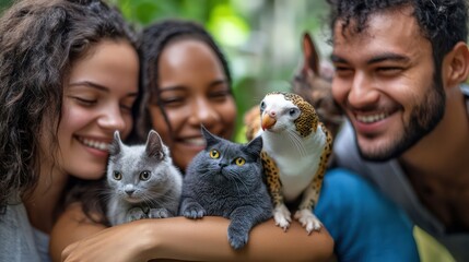 A diverse group of pet enthusiasts from various cultural backgrounds learning about rare exotic pets, emphasizing animal care and environmental impact.