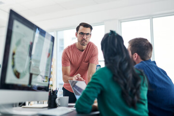 Feedback, mentor and tablet with business people in office for influencer marketing manager,...