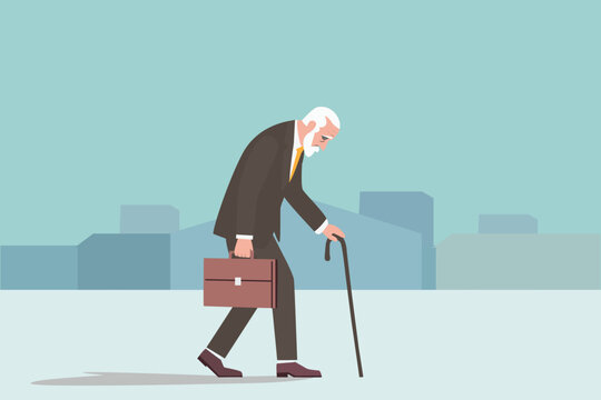 aged society concept. old elderly man walking home from work alone. pension , poverty, debt, loan. depression theme background  