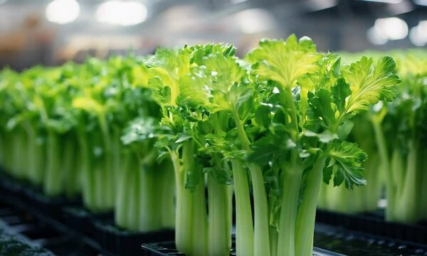 Fresh celery plants growing in a greenhouse setting.