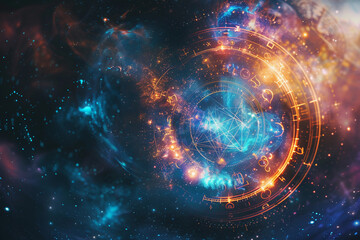 Obraz premium Astrological composition with zodiac circle in signs and symbols