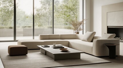 Simple modern living room with beige and gray furniture. Featuring a spacious, bright layout with minimal decor. Showcasing contemporary minimalism and elegance. Ideal for home decor portfolios