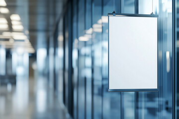 White blank wall poster mockup hanging on the office door, close-up, with a blurred modern glass corridor in the background