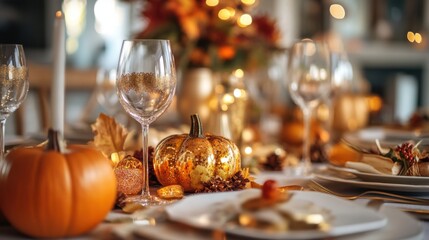 Beautifully arranged autumn table setting with pumpkins and festive decor