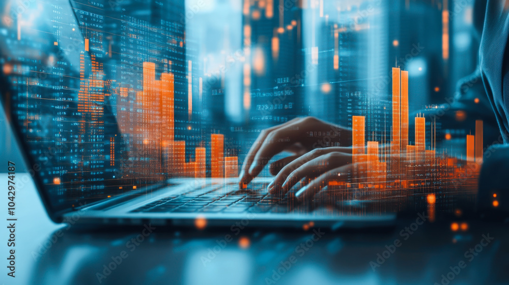 Poster hands typing on a laptop with digital data visualization in an urban setting during the day