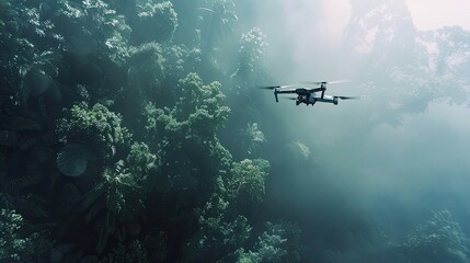 Drone flying high above mountains on a clear day. Aerial photography, technology, adventure, and exploration.