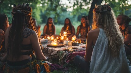 A diverse group participating in pagan rituals focused on honoring ancestors, celebrating cultural traditions and spiritual diversity.