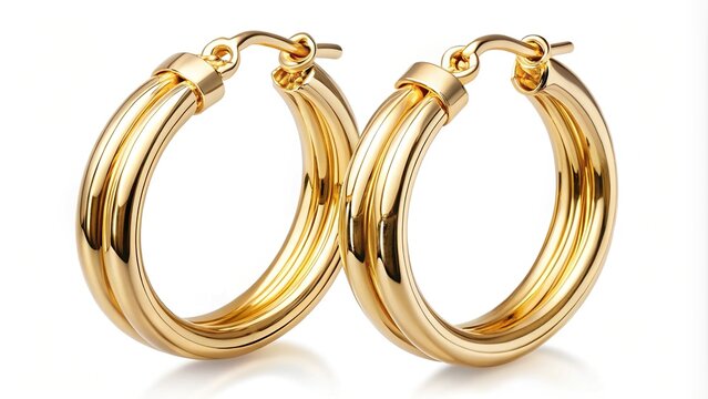 Elegant gold hoop earrings isolated on white background panoramic