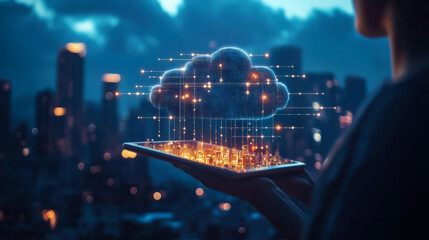 A person holding a tablet displaying a digital cloud over a city skyline during twilight with urban lights glowing in the background