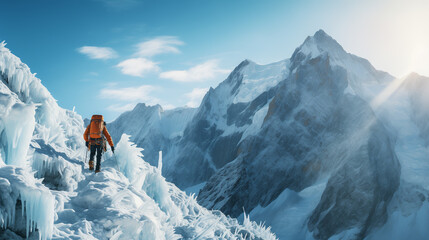 
A climber scaling a steep, icy glacier with crampons and ice axes, surrounded by rugged mountain peaks and a clear winter sky
