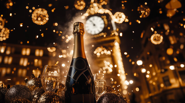 
A close-up of a champagne bottle popping open as the clock strikes midnight, with sparkling lights and decorations