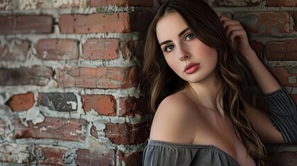 Fototapeta premium Portrait by brick wall. A woman posing in front of a rustic brick wall, with soft lighting and natural makeup. A calm and stylish portrait.
