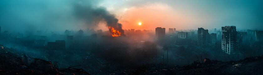 A Desolate Cityscape with Smoldering Ruins and a Distant Sun