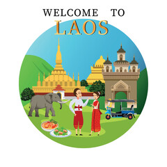 Welcome to Laos. Set of illustrations of Laos, national clothes and architecture of Laos. round banner