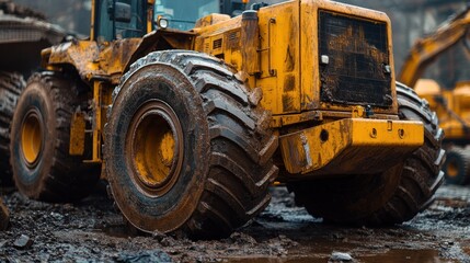 Fototapeta premium Heavy machinery covered in mud at a construction site.