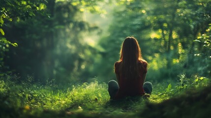 Beautiful woman with long hair sitting alone in green forest looks into the distance enjoys the silence and beauty of nature. 