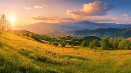 Fototapeta premium Panorama grassy field and rolling hills at sunset in evening light. Rural scenery