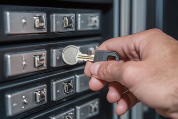 A hand inserting a key into a safe deposit box at a bank.