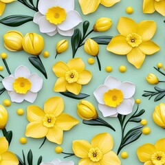 Fototapeta premium A seamless pattern featuring pale yellow daffodils on a green background, seamless Pattern