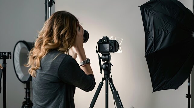 Photographer taking pictures in a studio with softbox lighting equipment. Rear view of photographer using a camera in a professional indoor photography setting