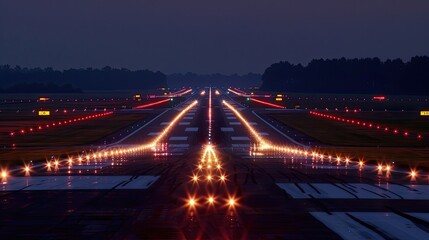 Fototapeta premium Airport runway illuminated by colorful lights at night, extending into the horizon. Long perspective of runway with city lights in the distance and dark sky overhead