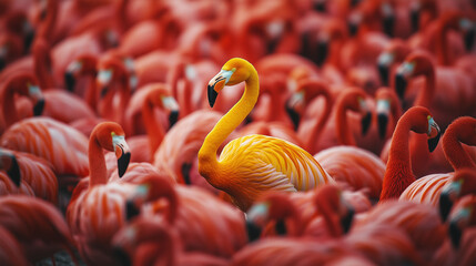 A yellow flamingo stands out from a flock of red flamingos