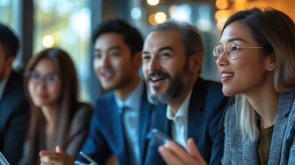 A multicultural group of business leaders learning about contactless payment technology, led by an Asian expert in financial technology.