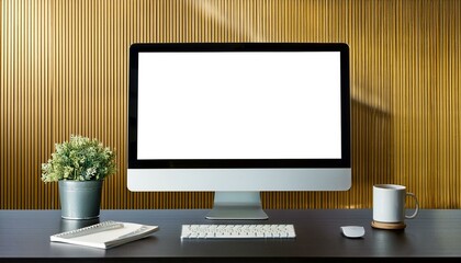 Fototapeta premium Perspective view of a blank modern computer monitor on a dark office table with a notebook, flower, and coffee pot, set against a golden slatted wall, perfect for mockups or office design