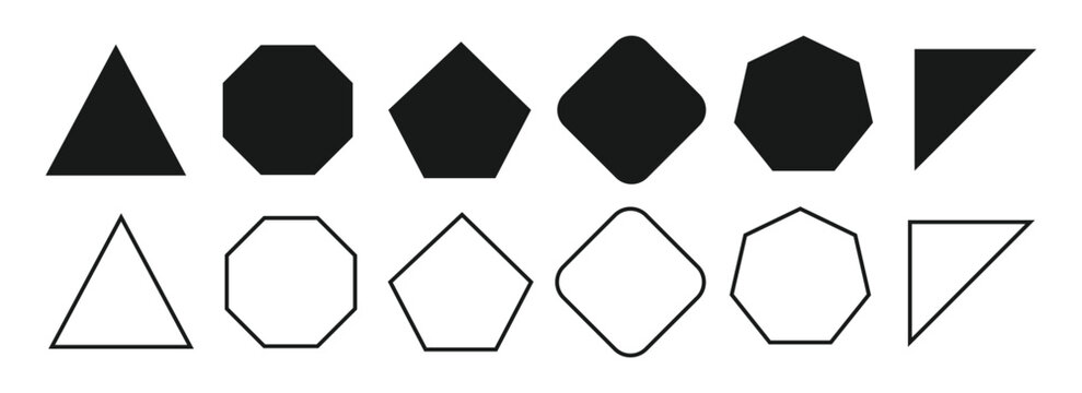 Various number of geometric shape vector icon set. Triangle, rectangle, ellipse, polygons, triangular, hexagonal, hexagonal and octagonal shapes.