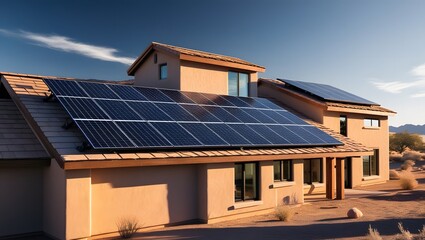 Fototapeta premium Eco-Friendly Modern Home with Solar Panels in Sunlit Desert Scene