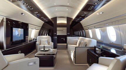 Luxurious airplane interior with comfortable leather seats. First-class cabin, aviation comfort, premium travel, in-flight amenities, passenger experience, modern design, and airline service.