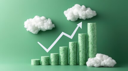 Green chart bar graph with an upward arrow and white clouds on a green background